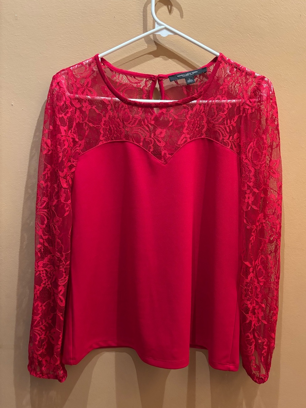 Marc New York Red Long sheer floral Lace Sleeve Top Size Large